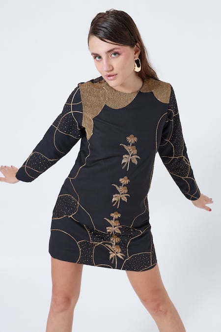 Shagufta_Black Linen Sequins, Cut Work Round Neck Embroidered Short Dress _Online_at_Aza_Fashions