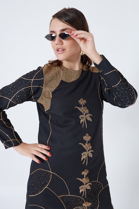 Shop_Shagufta_Black Linen Sequins, Cut Work Round Neck Embroidered Short Dress _Online_at_Aza_Fashions