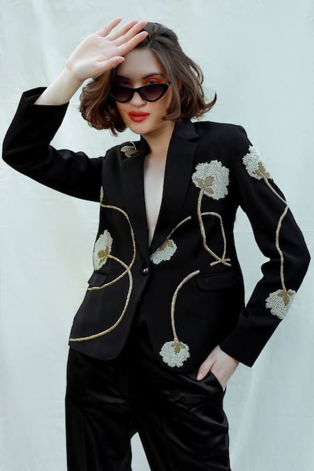 Shagufta_Black Crepe Beads V-neck Floral Embroidered Jacket And Pant Set _Online_at_Aza_Fashions