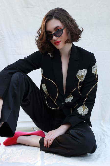 Shop_Shagufta_Black Crepe Beads V-neck Floral Embroidered Jacket And Pant Set _Online_at_Aza_Fashions