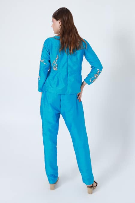 Shagufta Pearl Embroidered Blue Top & Pant Set 