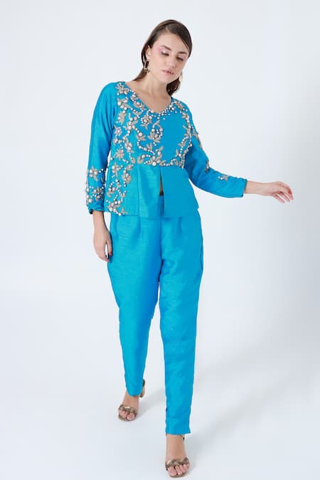 Shagufta_Blue Silk Pearls, Beads V-neck Embroidered Top And Pant Set _Online_at_Aza_Fashions