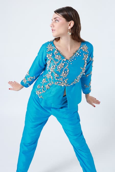 Buy_Shagufta_Blue Silk Pearls, Beads V-neck Embroidered Top And Pant Set _Online_at_Aza_Fashions