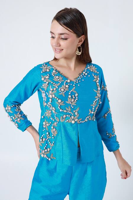 Shop_Shagufta_Blue Silk Pearls, Beads V-neck Embroidered Top And Pant Set _Online_at_Aza_Fashions