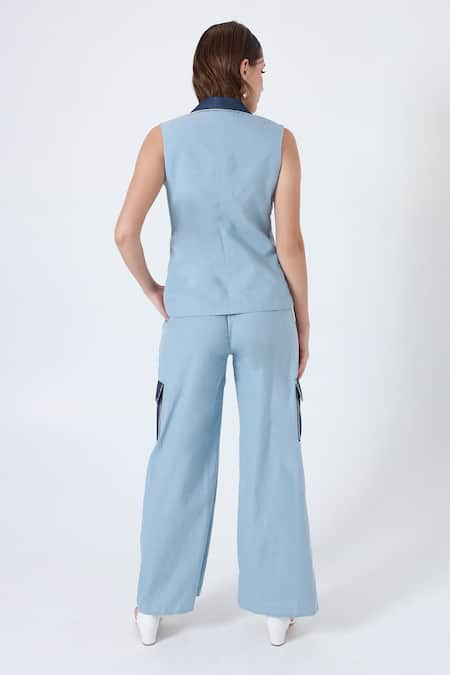 Shagufta Blue Bead Embroidered Jacket & Pant Set 