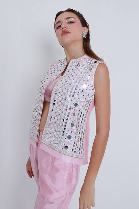 Buy_Shagufta_Pink Silk Mirrors Open Neck Embroidered Jacket And Pant Set _Online_at_Aza_Fashions