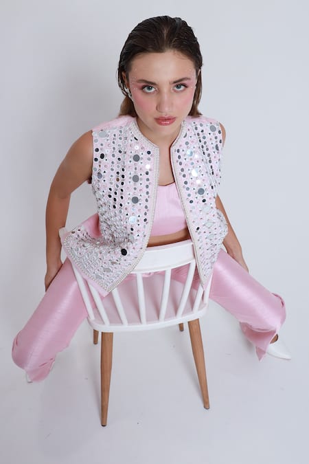 Shop_Shagufta_Pink Silk Mirrors Open Neck Embroidered Jacket And Pant Set _Online_at_Aza_Fashions