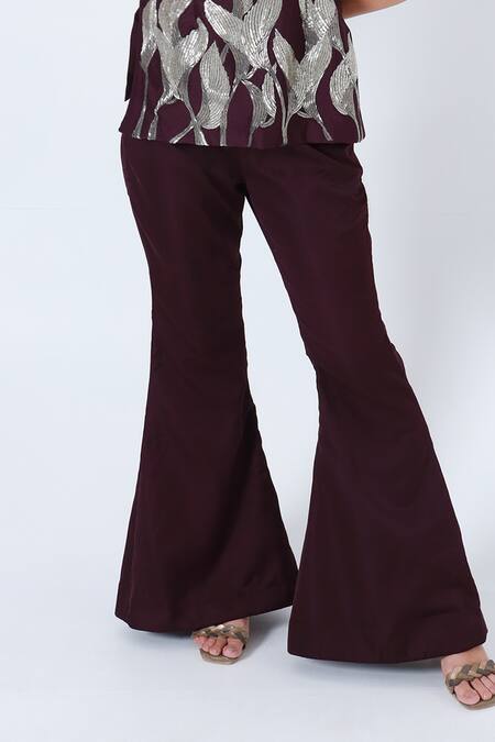 Shagufta_Wine Silk Cut Work Round Neck Cutdana Embroidered Top And Pant Set _Online_at_Aza_Fashions