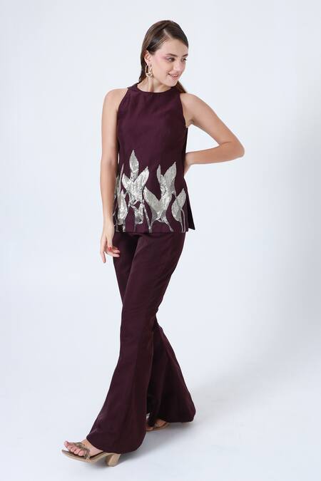 Buy_Shagufta_Wine Silk Cut Work Round Neck Cutdana Embroidered Top And Pant Set _Online_at_Aza_Fashions