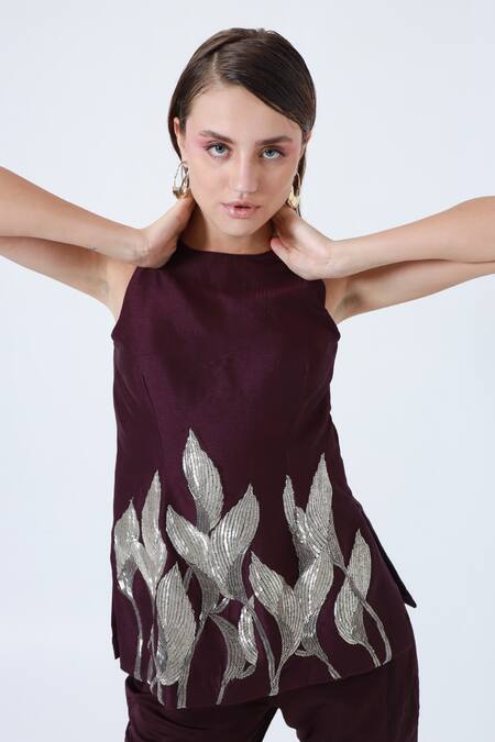 Shop_Shagufta_Wine Silk Cut Work Round Neck Cutdana Embroidered Top And Pant Set _Online_at_Aza_Fashions