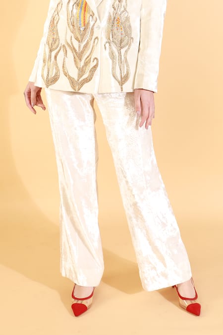 Shagufta_White Velvet Beads, Embroidery Collared Jacket And Pant Set _Online_at_Aza_Fashions