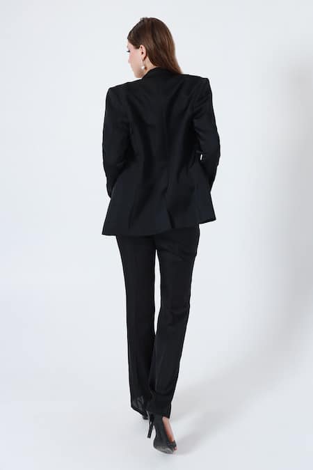 Shagufta Black Embroidered Silk Jacket & Pant Set 