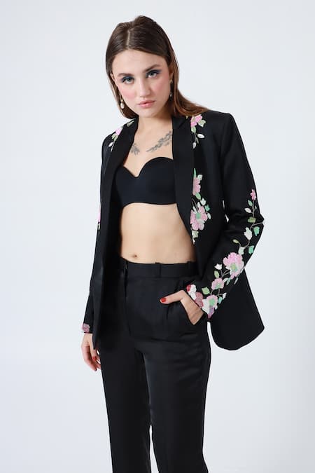 Shagufta_Black Silk Sequins Collared Embroidered Jacket And Pant Set _Online_at_Aza_Fashions