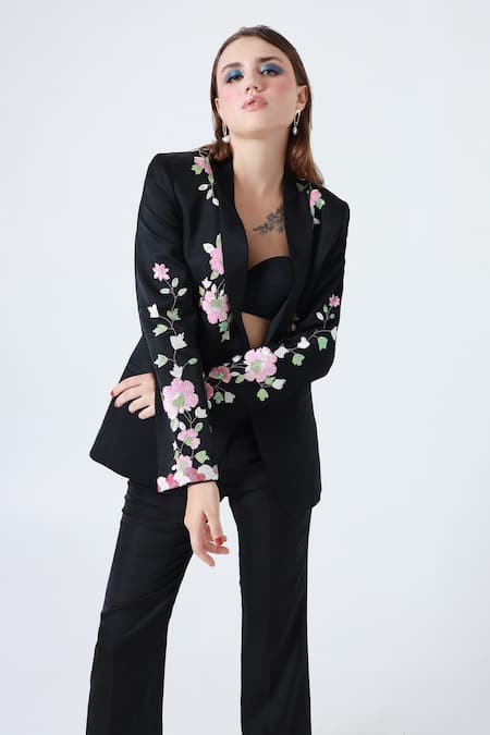 Buy_Shagufta_Black Silk Sequins Collared Embroidered Jacket And Pant Set _Online_at_Aza_Fashions