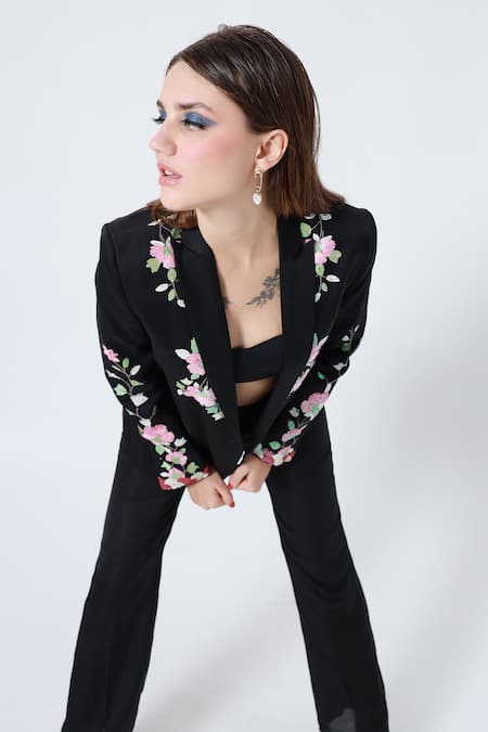 Shop_Shagufta_Black Silk Sequins Collared Embroidered Jacket And Pant Set _Online_at_Aza_Fashions