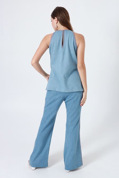 Shagufta Embroidered Denim Floral Patchwork Set 