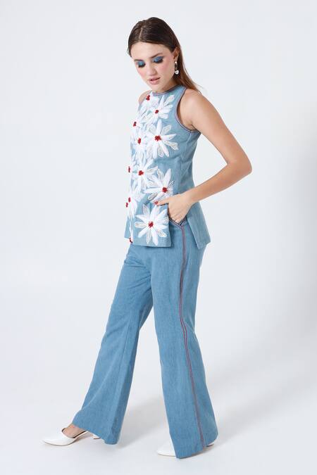 Shagufta_Blue Denim Beads, Patchwork, Embroidery Round Neck Floral Set _Online_at_Aza_Fashions