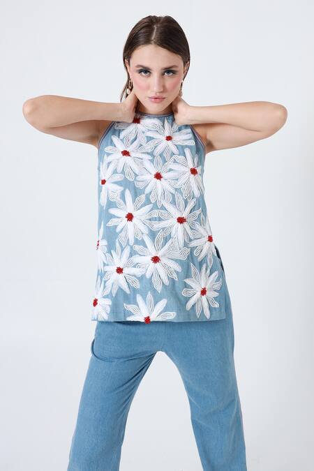 Buy_Shagufta_Blue Denim Beads, Patchwork, Embroidery Round Neck Floral Set _Online_at_Aza_Fashions