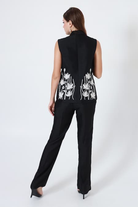 Shagufta Black Silk Embroidered Jacket & Pant Set 