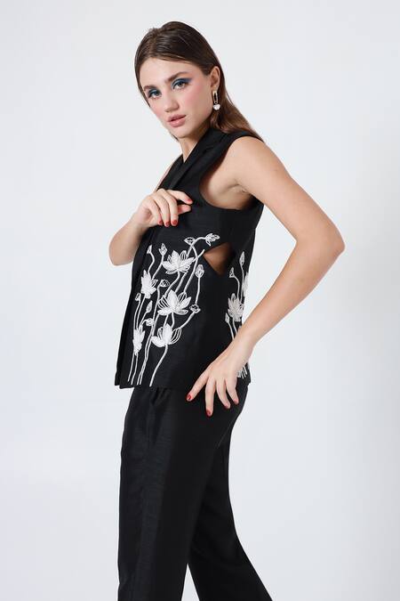 Shop_Shagufta_Black Silk Beads, Embroidery V-neck Jacket And Pant Set _Online_at_Aza_Fashions