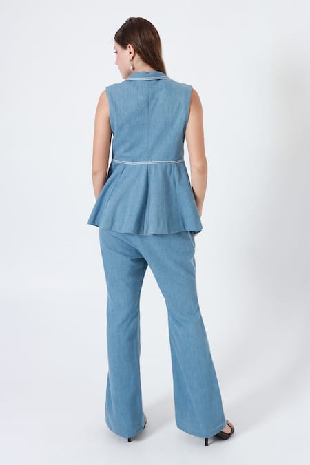 Shagufta Embroidered Denim Peplum Jacket & Pant Set 