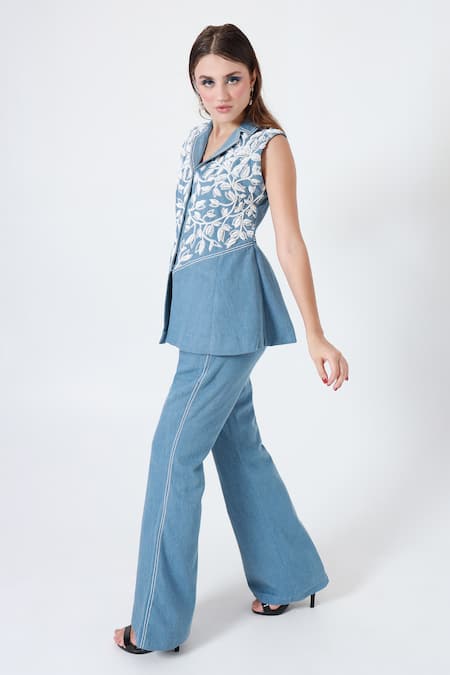 Shagufta_Blue Denim Beads Collared Embroidered Peplum Jacket And Pant Set _Online_at_Aza_Fashions