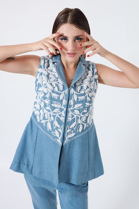 Shop_Shagufta_Blue Denim Beads Collared Embroidered Peplum Jacket And Pant Set _Online_at_Aza_Fashions