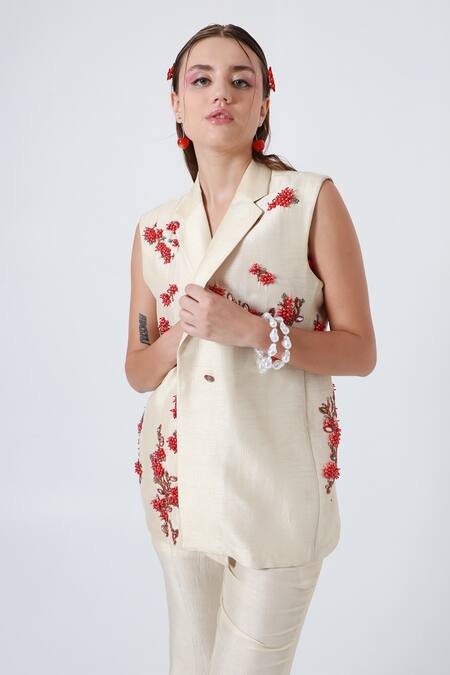 Shagufta_Beige Silk Pearls, Beads Collared Embroidered Jacket And Pant Set _Online_at_Aza_Fashions