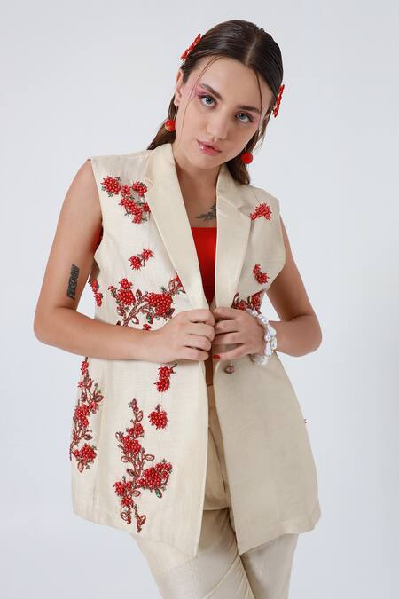 Buy_Shagufta_Beige Silk Pearls, Beads Collared Embroidered Jacket And Pant Set _Online_at_Aza_Fashions