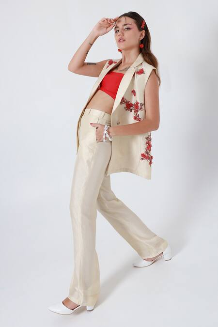 Shop_Shagufta_Beige Silk Pearls, Beads Collared Embroidered Jacket And Pant Set _Online_at_Aza_Fashions