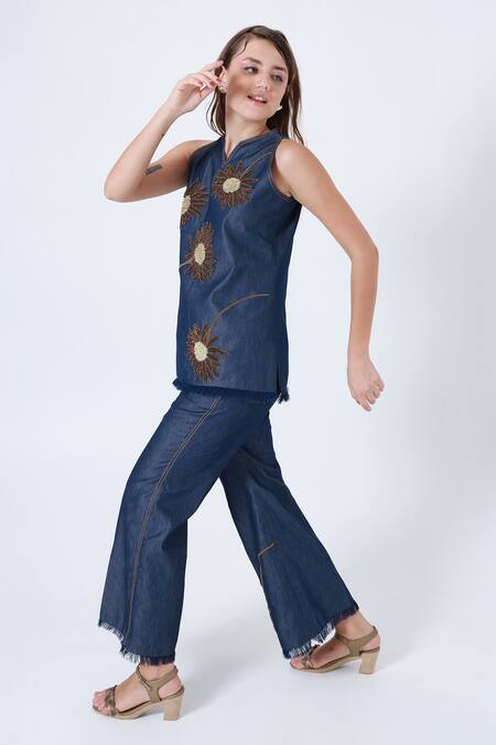 Shagufta_Blue Denim Embroidery, Beads Split V-neck Floral Top And Pant Set _Online_at_Aza_Fashions