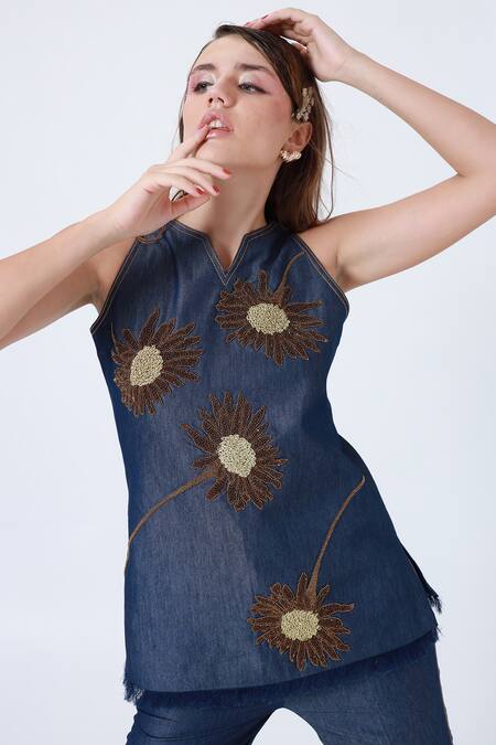 Buy_Shagufta_Blue Denim Embroidery, Beads Split V-neck Floral Top And Pant Set _Online_at_Aza_Fashions