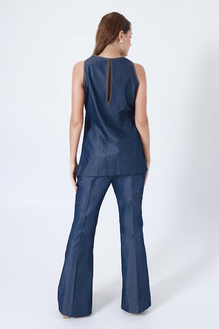 Shagufta Blue Denim Embroidered Top & Flared Pant Set 