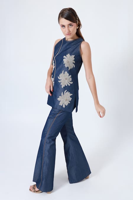 Shagufta_Blue Denim Cut Work, Pearls Round Neck Embroidered Top And Flared Pant Set _Online_at_Aza_Fashions