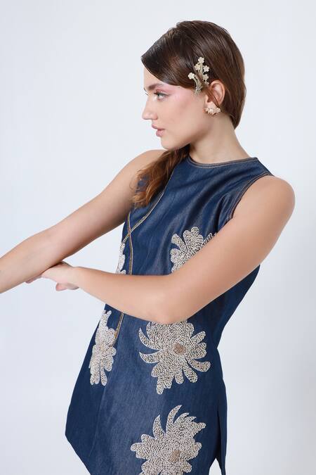Buy_Shagufta_Blue Denim Cut Work, Pearls Round Neck Embroidered Top And Flared Pant Set _Online_at_Aza_Fashions