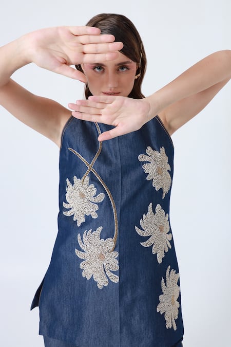 Shop_Shagufta_Blue Denim Cut Work, Pearls Round Neck Embroidered Top And Flared Pant Set _Online_at_Aza_Fashions