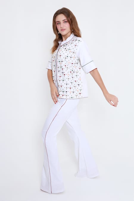 Shagufta_White Cotton, Silk Cut Work, Pearls, Piping Cutdana Embroidered Shirt And Pant Set _Online_at_Aza_Fashions