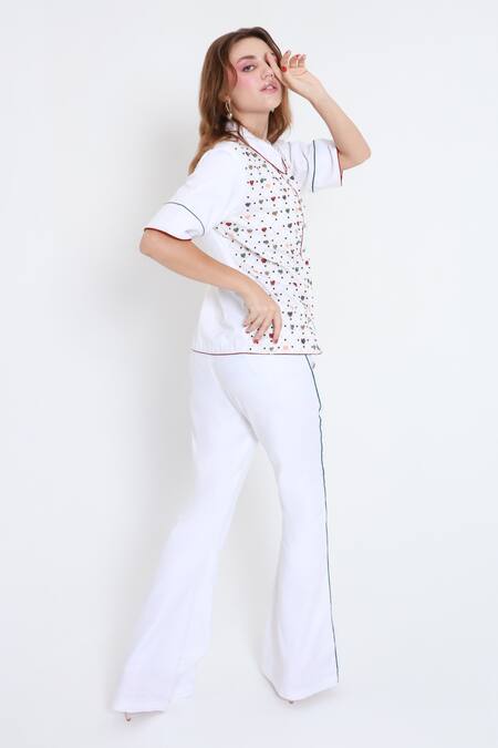 Buy_Shagufta_White Cotton, Silk Cut Work, Pearls, Piping Cutdana Embroidered Shirt And Pant Set _Online_at_Aza_Fashions