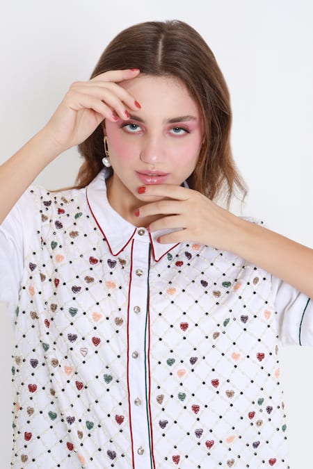 Shop_Shagufta_White Cotton, Silk Cut Work, Pearls, Piping Cutdana Embroidered Shirt And Pant Set _Online_at_Aza_Fashions