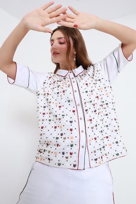 Shagufta_White Cotton, Silk Cut Work, Pearls, Piping Cutdana Embroidered Shirt And Pant Set _at_Aza_Fashions