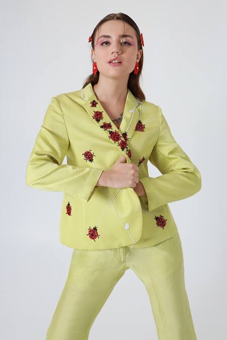 Shagufta_Green Silk Cut Work, Piping Collared Cutdana Embroidered Jacket And Pant Set _Online_at_Aza_Fashions