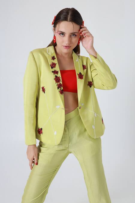 Buy_Shagufta_Green Silk Cut Work, Piping Collared Cutdana Embroidered Jacket And Pant Set _Online_at_Aza_Fashions