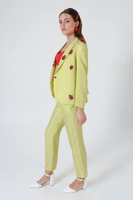 Shop_Shagufta_Green Silk Cut Work, Piping Collared Cutdana Embroidered Jacket And Pant Set _Online_at_Aza_Fashions