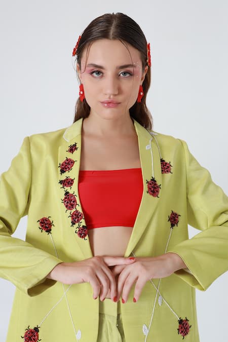 Shagufta_Green Silk Cut Work, Piping Collared Cutdana Embroidered Jacket And Pant Set _at_Aza_Fashions