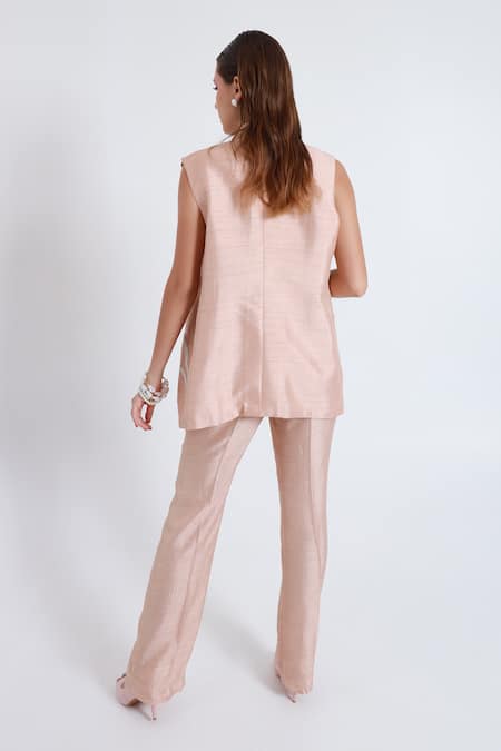 Shagufta Pink Silk Pearl Embroidered Jacket & Pant Set 