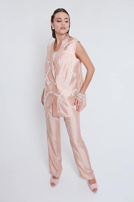 Shagufta_Pink Silk Pearls, Piping Collared Embroidered Jacket And Pant Set _Online_at_Aza_Fashions