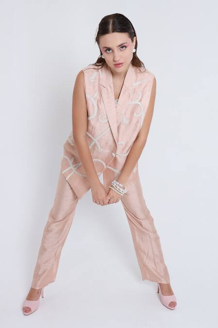 Shop_Shagufta_Pink Silk Pearls, Piping Collared Embroidered Jacket And Pant Set _Online_at_Aza_Fashions