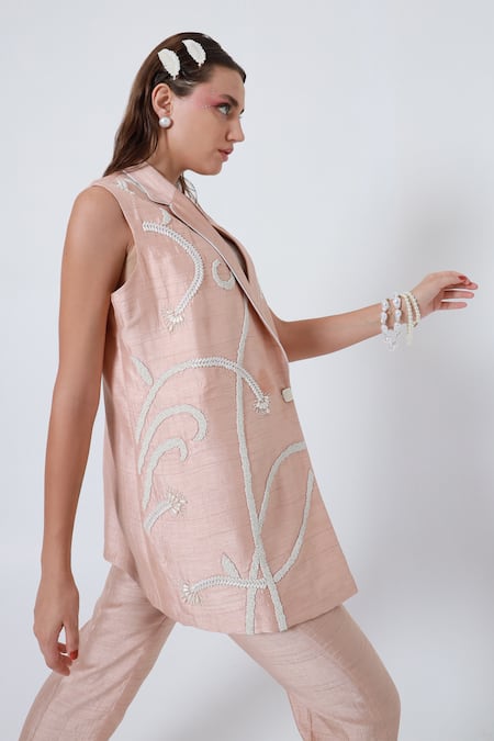 Shagufta_Pink Silk Pearls, Piping Collared Embroidered Jacket And Pant Set _at_Aza_Fashions
