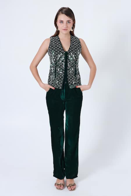 Shagufta_Green Velvet Cut Work Open Neck Cutdana Embroidered Jacket And Pant _Online_at_Aza_Fashions
