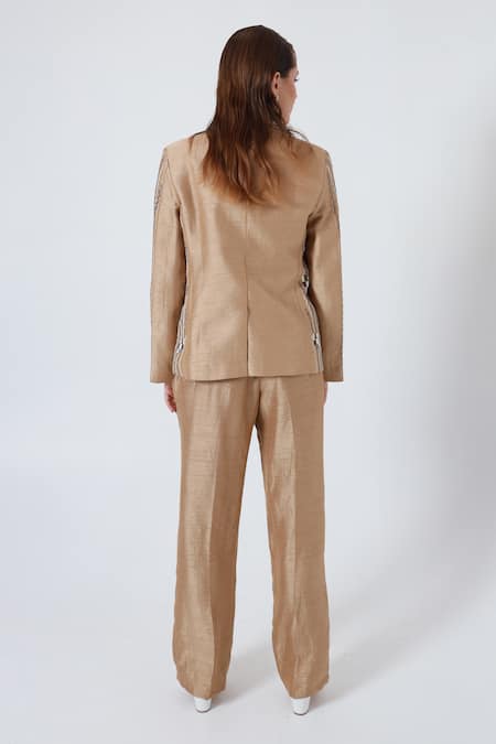 Shagufta Gold Silk Embroidered Jacket & Pant Set 